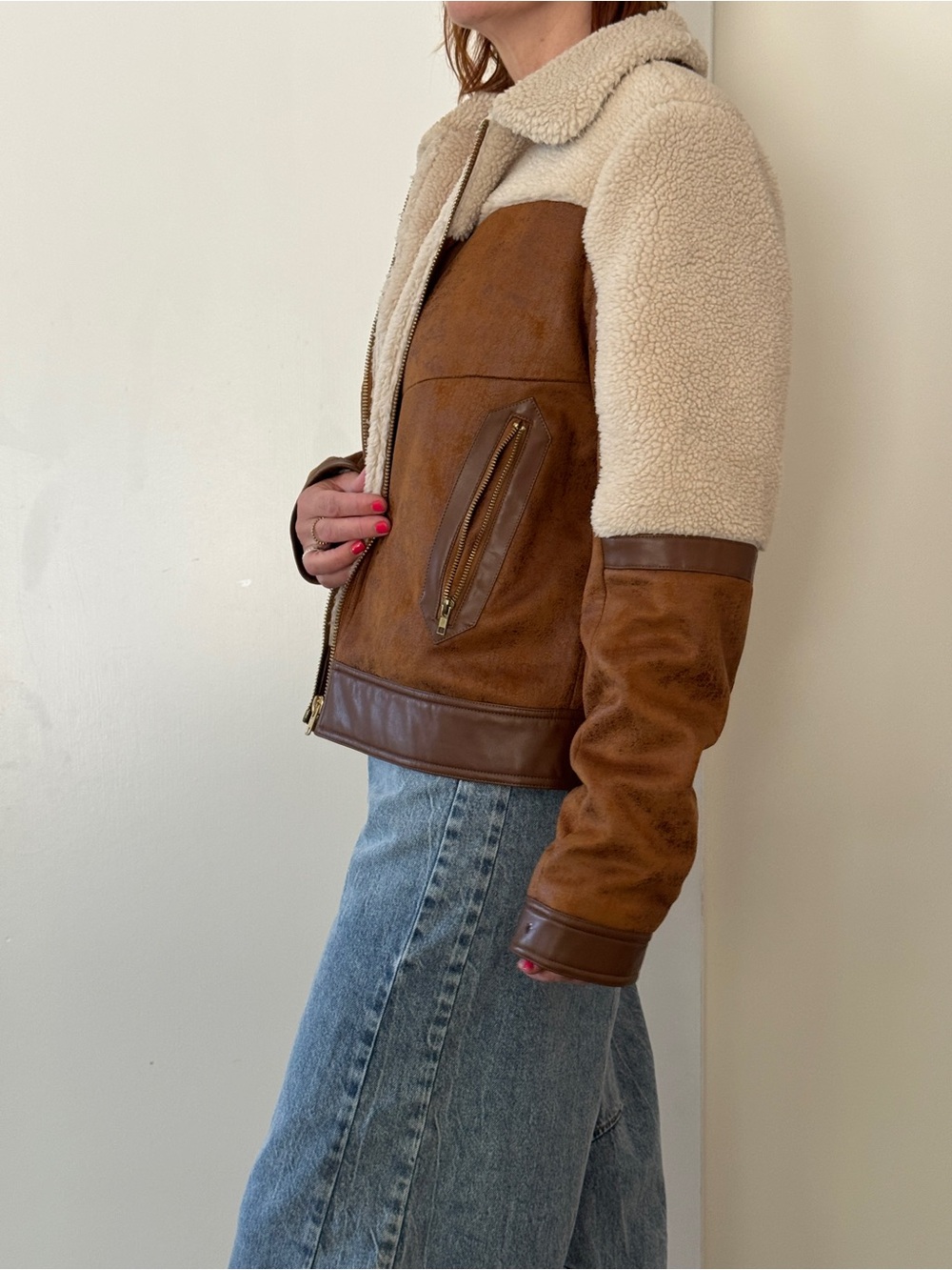 MOTHER Trapper Keeper Faux Shearling & Suede Brown & Cream Bomber Jacket Med. - Picture 3 of 10